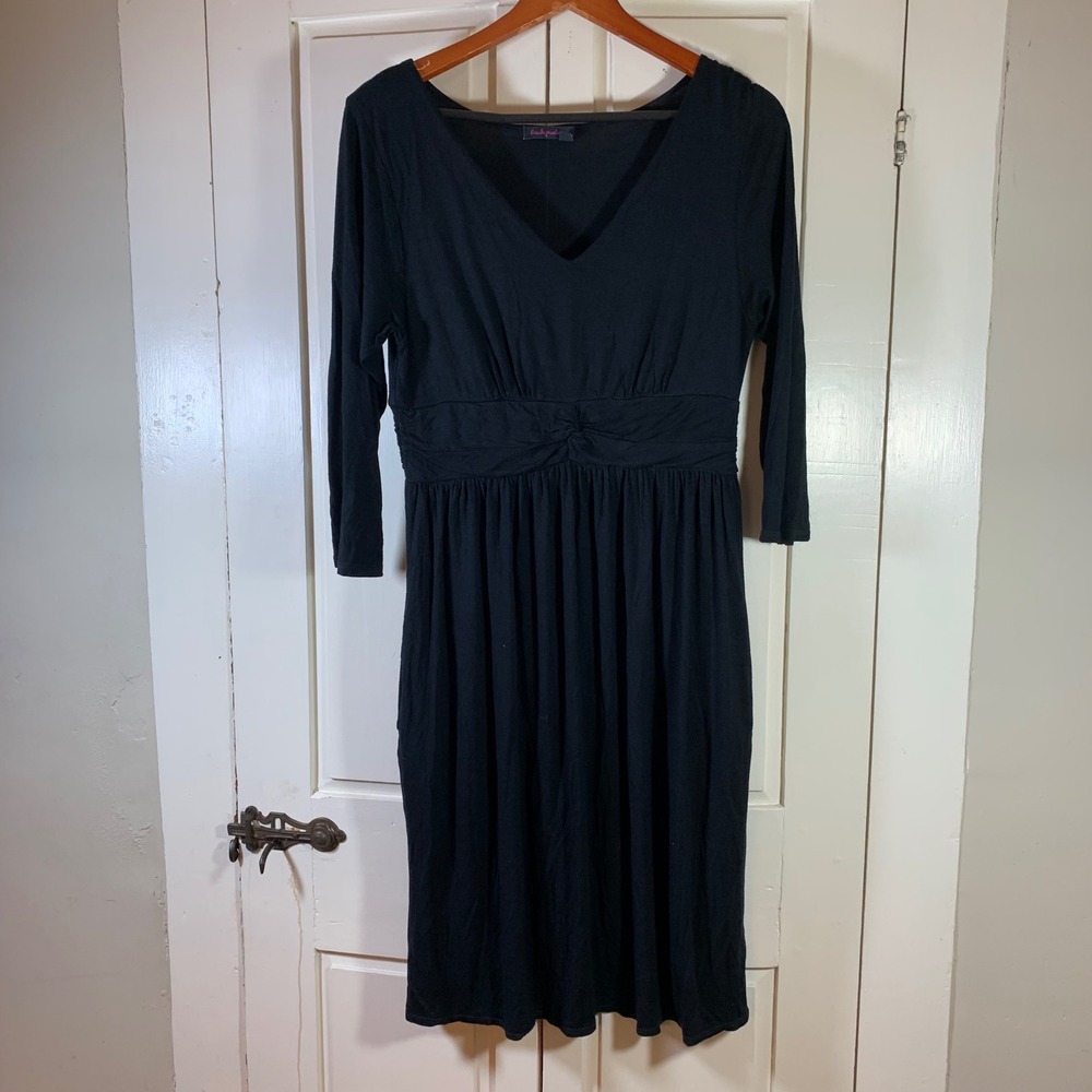Fresh‎ Produce Black 3/4 Sleeve Midi Dress L USA Boho Minimalist Soft Stretch